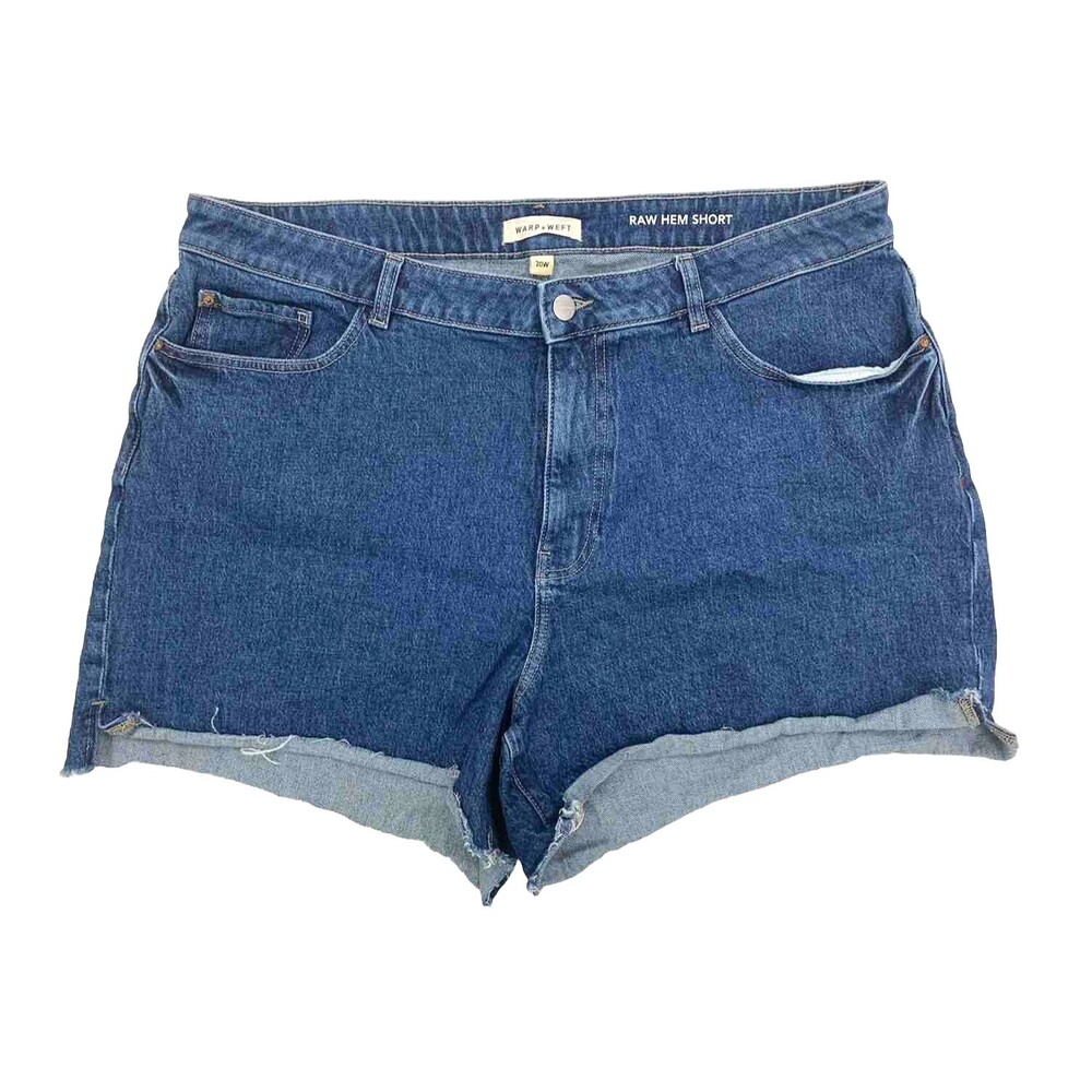 Raw Hem High Rise Denim Shorts Plus Sz 20W Blue Dark Rinse Cut Off Warp + Weft